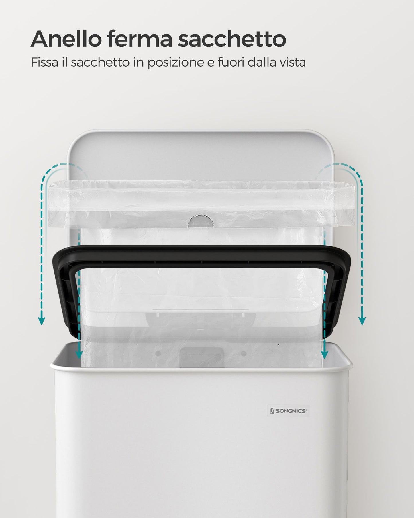 Pattumiera, Pattumiera differenziata, Pattumiera a pedale, Acciaio, 40 litri, Coperchio e 15 Sacchi, Bianca, Songmics, 4