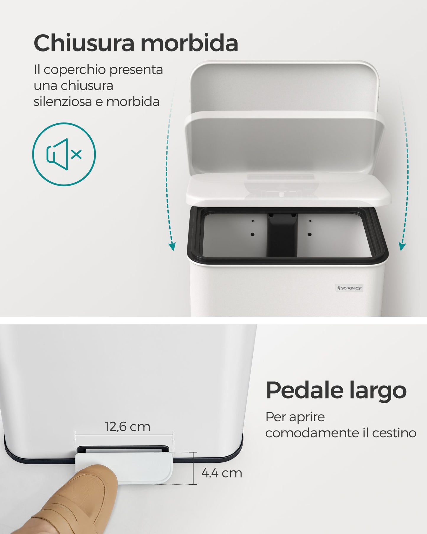 Pattumiera, Pattumiera differenziata, Pattumiera a pedale, Acciaio, 40 litri, Coperchio e 15 Sacchi, Bianca, Songmics, 5