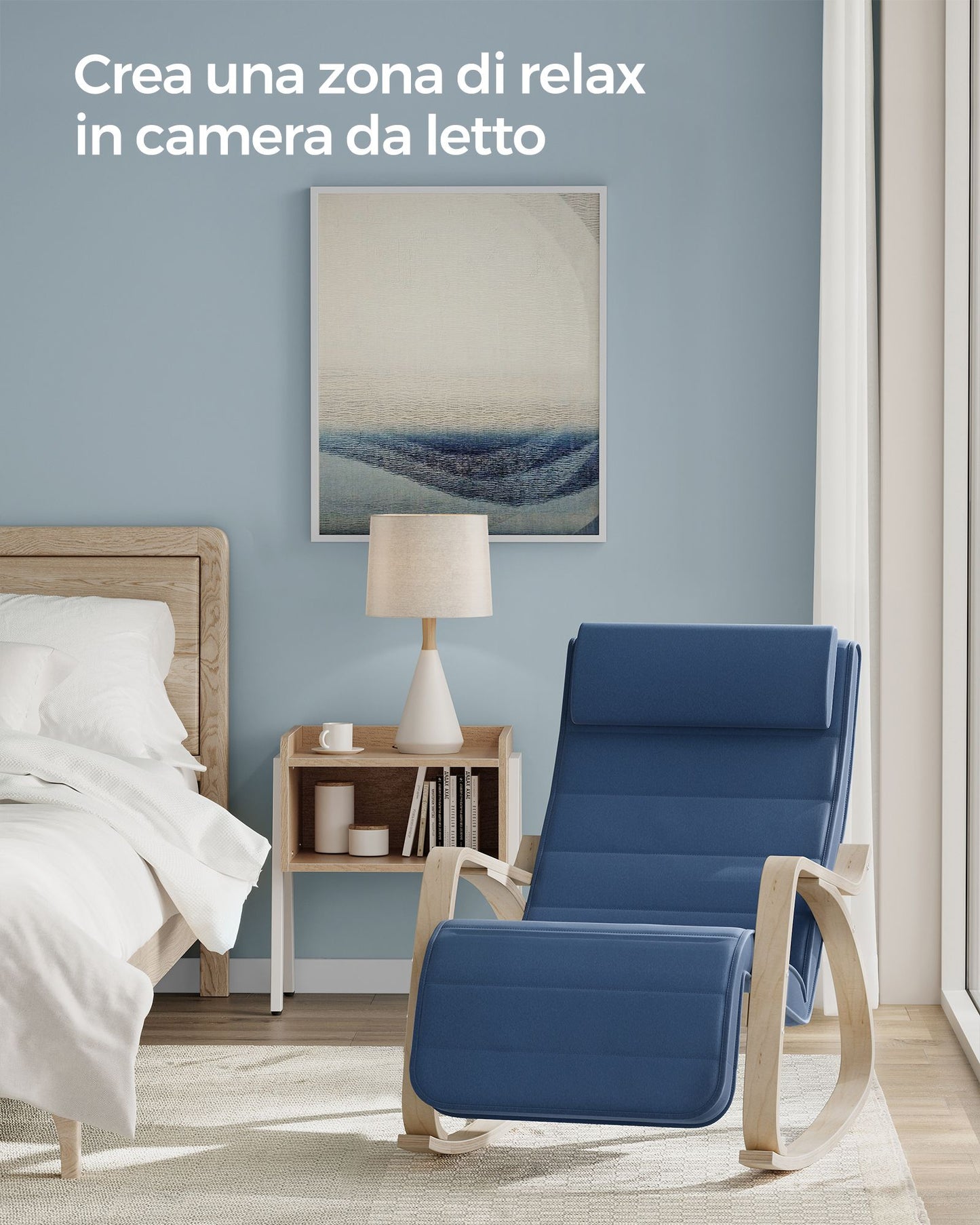 Sedia a dondolo, Braccioli in legno, Poggiapiedi regolabile, 150 kg, Poltrone, Blu Notte Naturale, Songmics, 4
