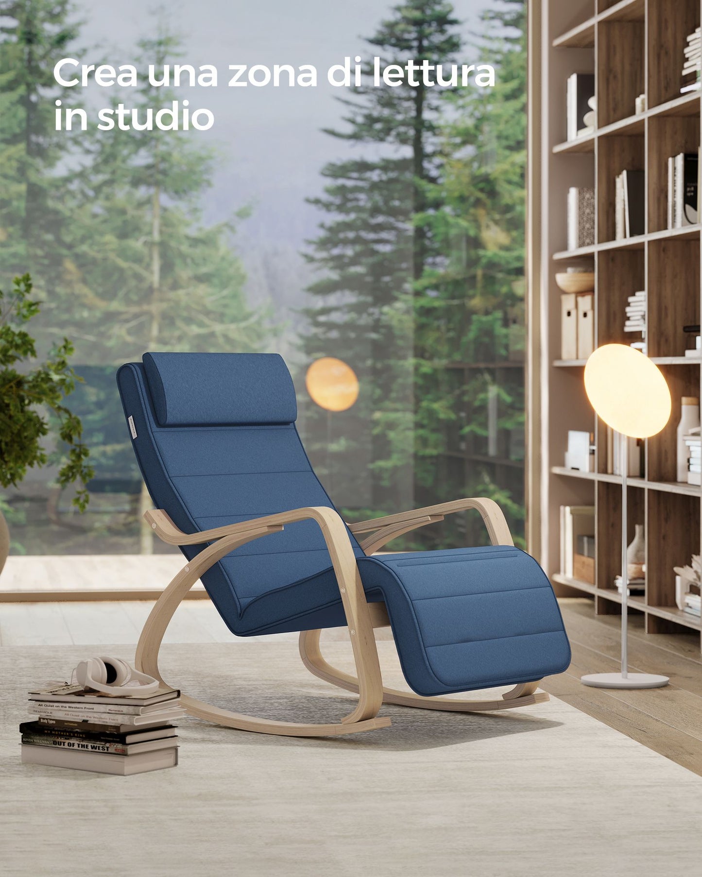 Sedia a dondolo, Braccioli in legno, Poggiapiedi regolabile, 150 kg, Poltrone, Blu Notte Naturale, Songmics, 2