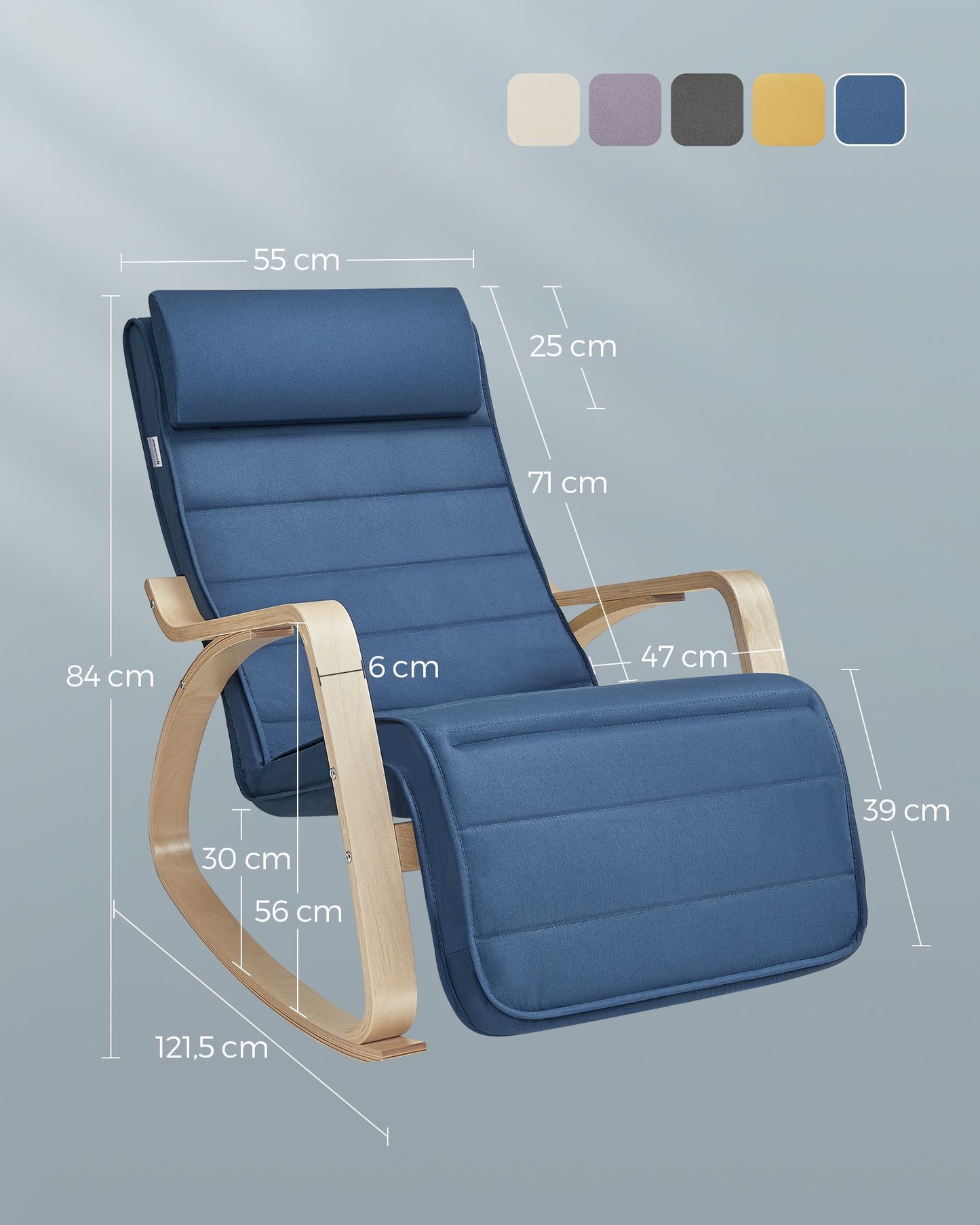Sedia a dondolo, Braccioli in legno, Poggiapiedi regolabile, 150 kg, Poltrone, Blu Notte Naturale, Songmics, 5