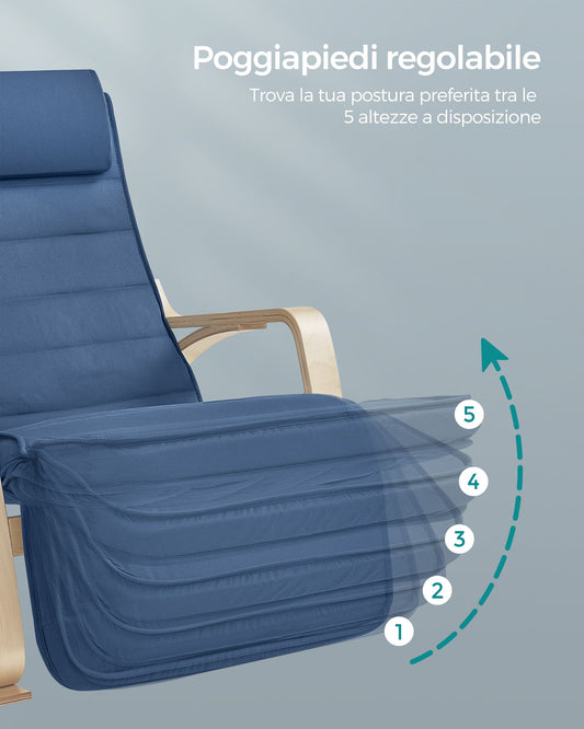 Sedia a dondolo, Braccioli in legno, Poggiapiedi regolabile, 150 kg, Poltrone, Blu Notte Naturale, Songmics, 1