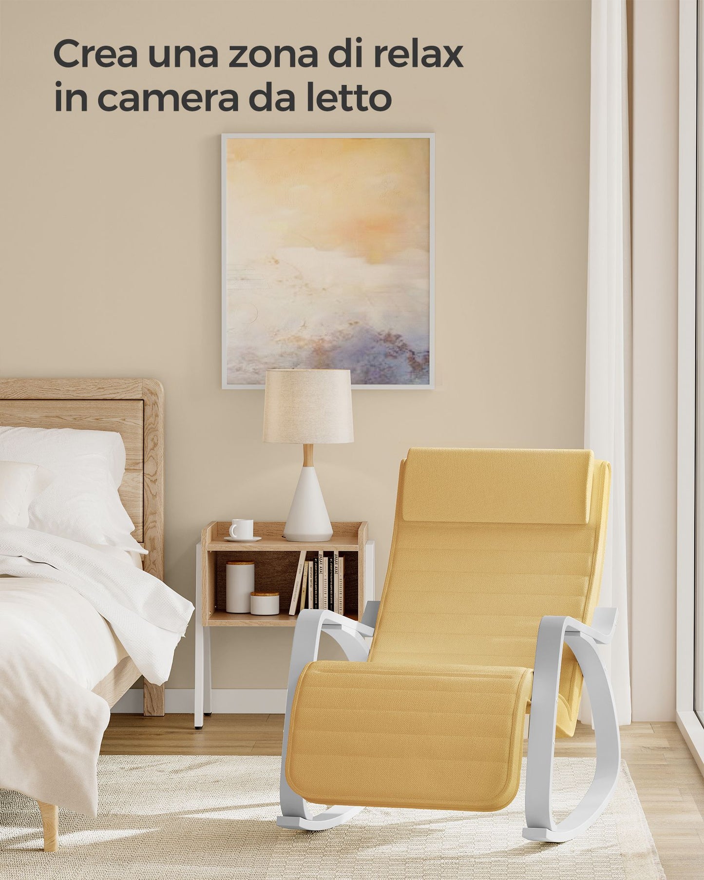 Poltrona a dondolo, Sedia a dondolo, Braccioli, in legno di betulla, Poggiapiedi regolabile, 150 kg, Giallo, Songmics, 1