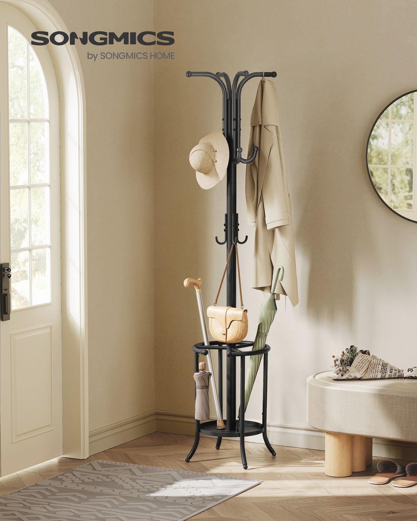 Appendiabiti ingresso, Guardaroba Ingresso, con Portaombrelli, 12 Ganci, Struttura in Metallo, Alto 175 cm, Nero, SONGMICS, 3