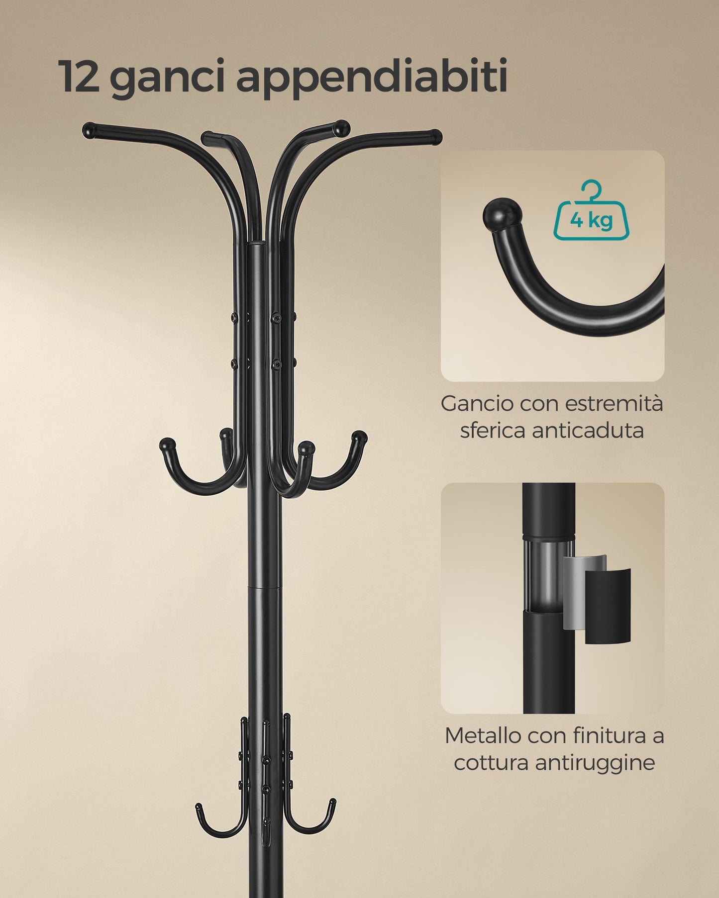 Appendiabiti ingresso, Guardaroba Ingresso, con Portaombrelli, 12 Ganci, Struttura in Metallo, Alto 175 cm, Nero, SONGMICS, 6