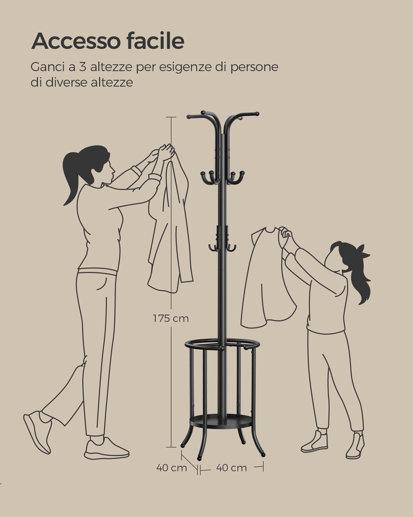 Appendiabiti ingresso, Guardaroba Ingresso, con Portaombrelli, 12 Ganci, Struttura in Metallo, Alto 175 cm, Nero, SONGMICS, 7