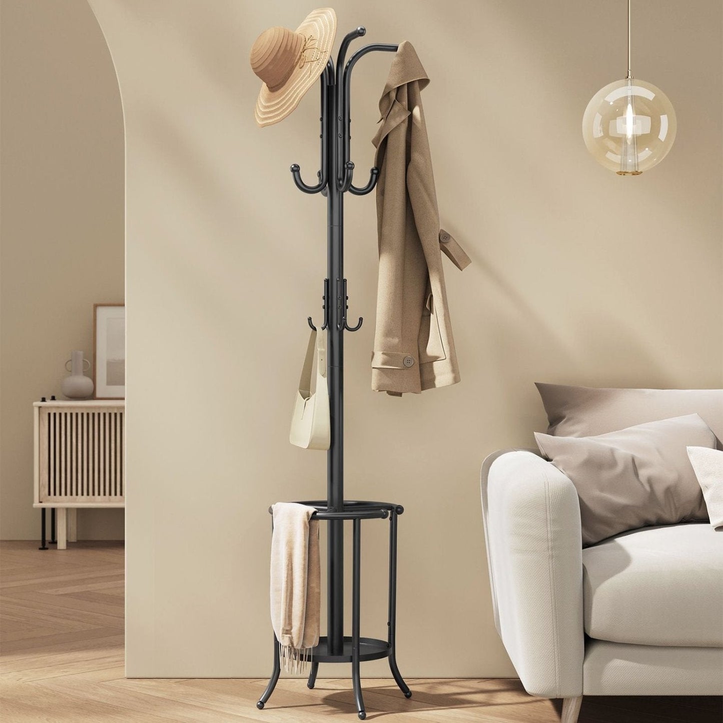 Appendiabiti ingresso, Guardaroba Ingresso, con Portaombrelli, 12 Ganci, Struttura in Metallo, Alto 175 cm, Nero, SONGMICS, 1