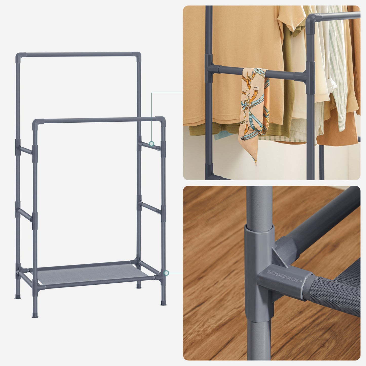 Stand Appendiabiti, Appendiabiti da Terra, in Metallo con 2 Barre, Ripiano Portaoggetti, Max Portata 55 kg, Grigio, SONGMICS, 7
