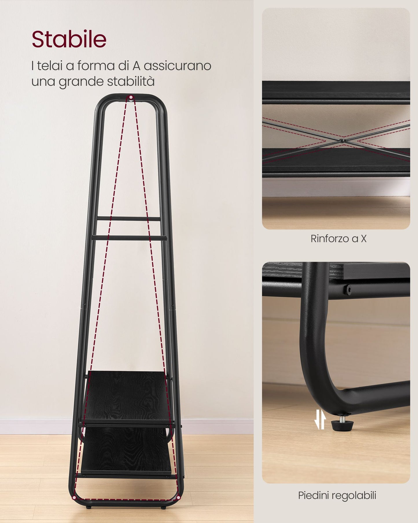 Stand Appendiabiti, Stabile e Robusto, Portata Fino a 190 kg, Appendiabiti da Terra, con 2 Ripiani, 6 Ganci, Nero, VASAGLE, 5