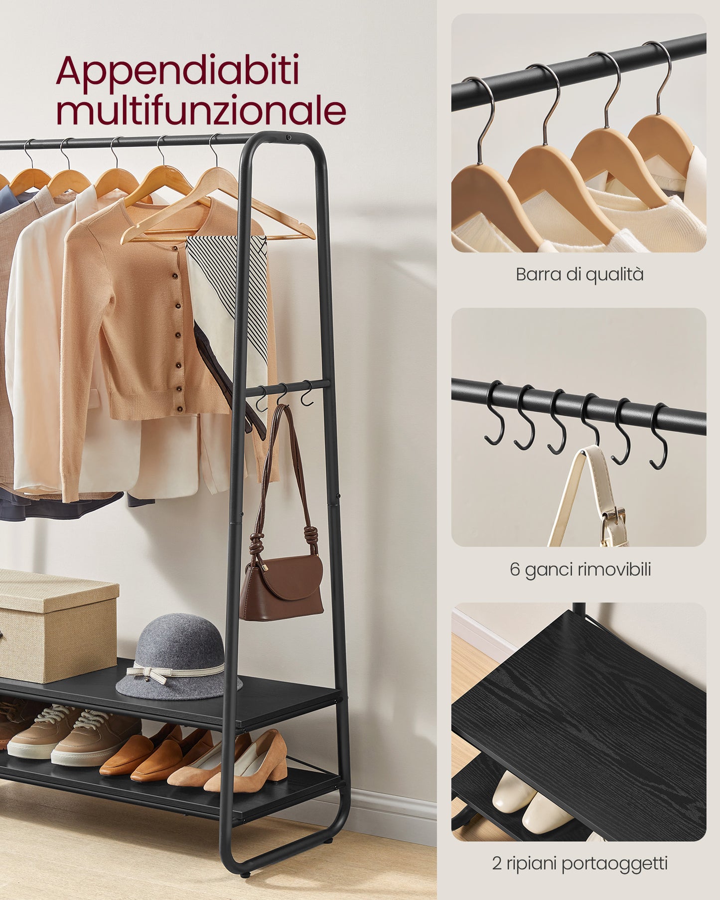 Stand Appendiabiti, Stabile e Robusto, Portata Fino a 190 kg, Appendiabiti da Terra, con 2 Ripiani, 6 Ganci, Nero, VASAGLE, 6