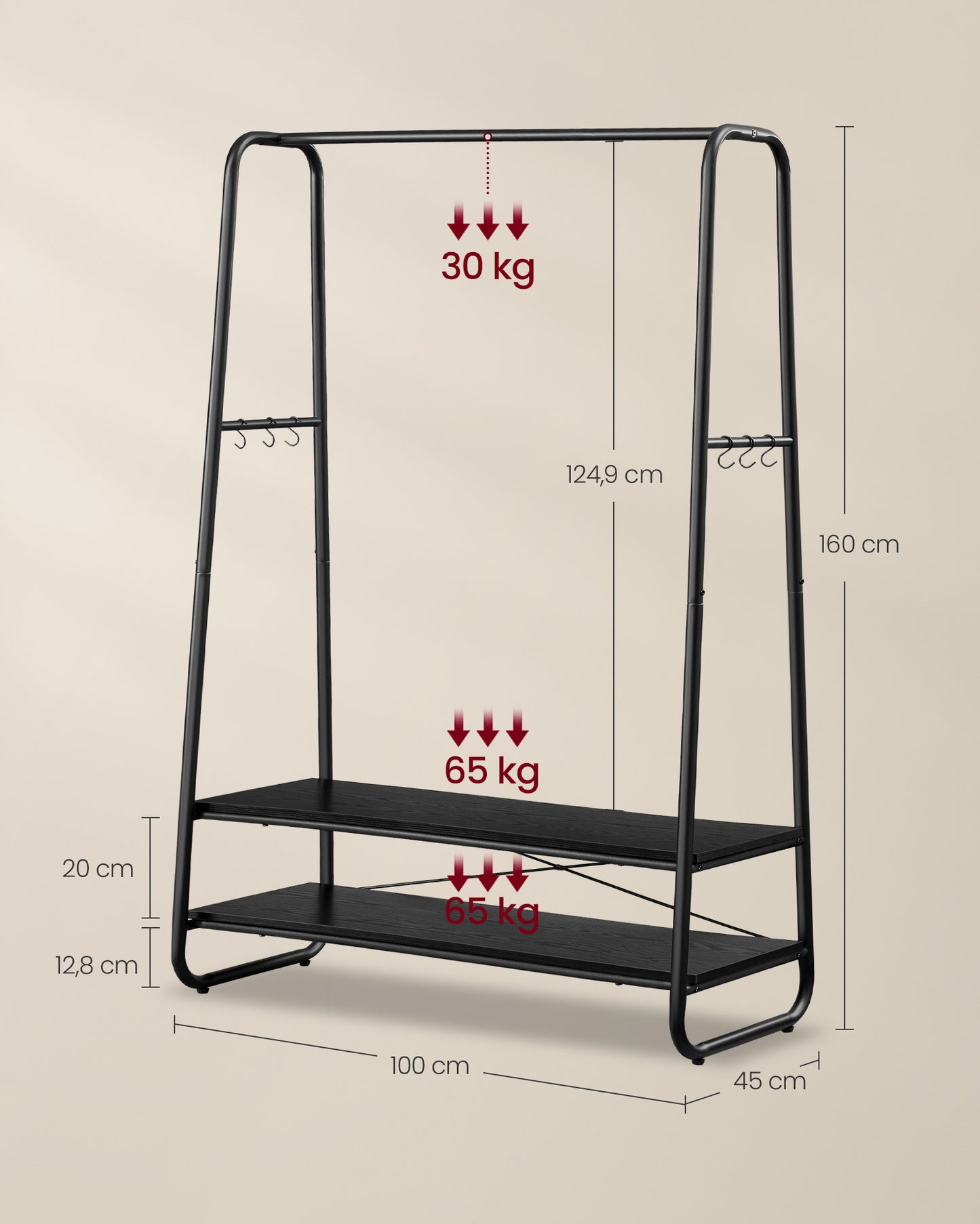 Stand Appendiabiti, Stabile e Robusto, Portata Fino a 190 kg, Appendiabiti da Terra, con 2 Ripiani, 6 Ganci, Nero, VASAGLE, 7