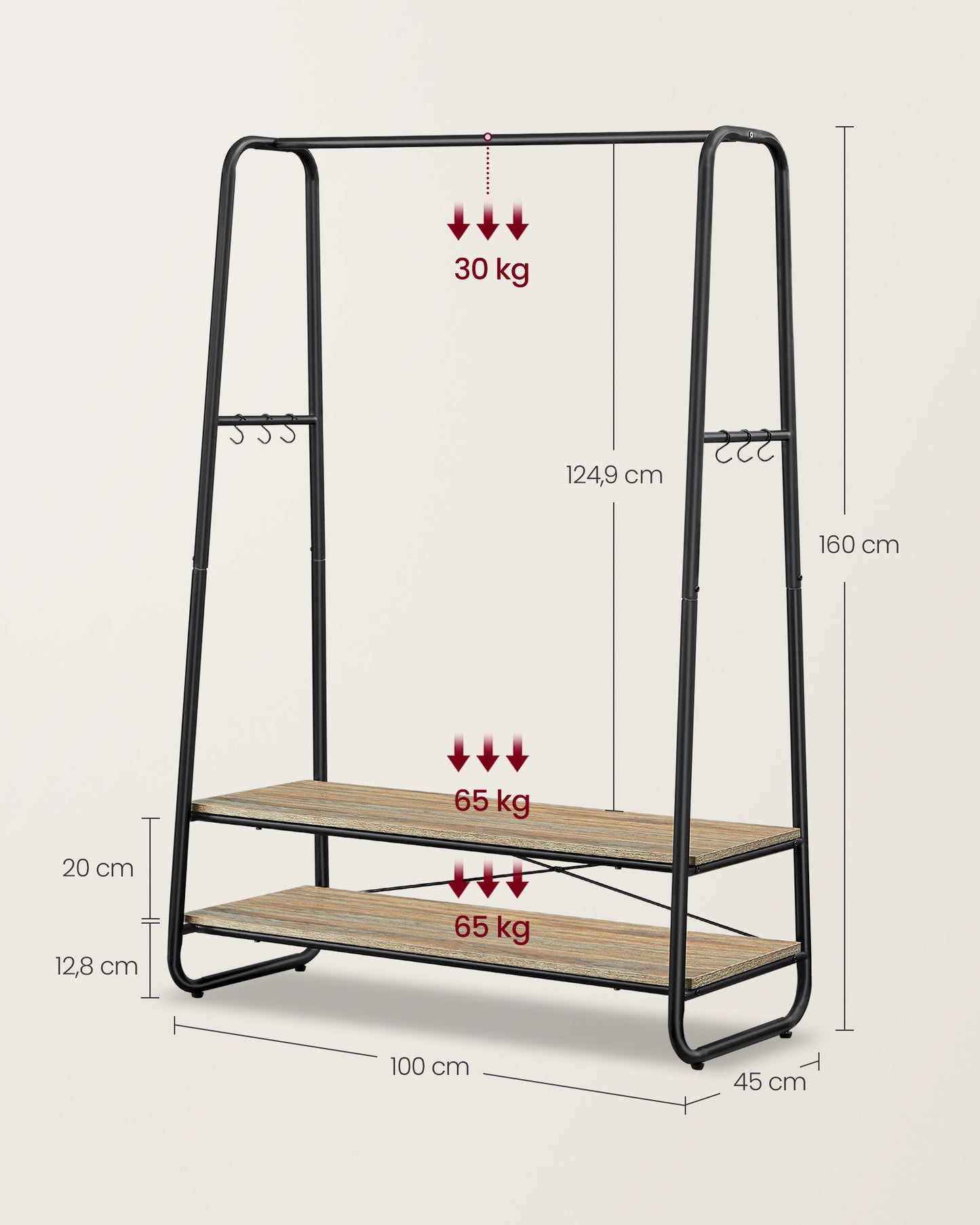 Stand Appendiabiti, Portata Fino a 190 kg, Appendiabiti da Terra, con 2 Ripiani, 6 Ganci, Marrone Nero, VASAGLE, 7