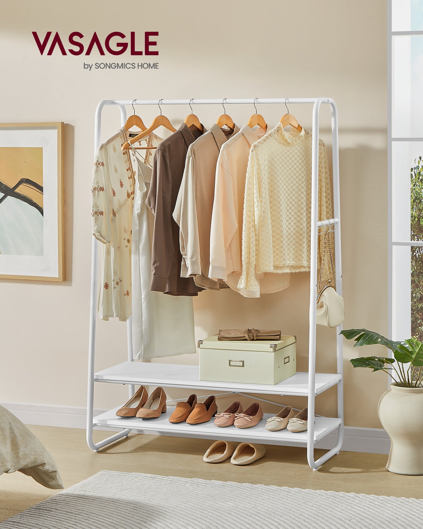 Stand Appendiabiti, Portata Fino a 190 kg, Appendiabiti da Terra, con 2 Ripiani, 6 Ganci, Bianco Nuvola e Bianco Opaco, VASAGLE, 3