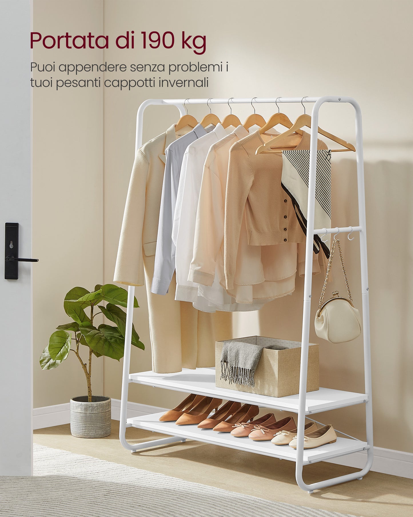 Stand Appendiabiti, Portata Fino a 190 kg, Appendiabiti da Terra, con 2 Ripiani, 6 Ganci, Bianco Nuvola e Bianco Opaco, VASAGLE, 4
