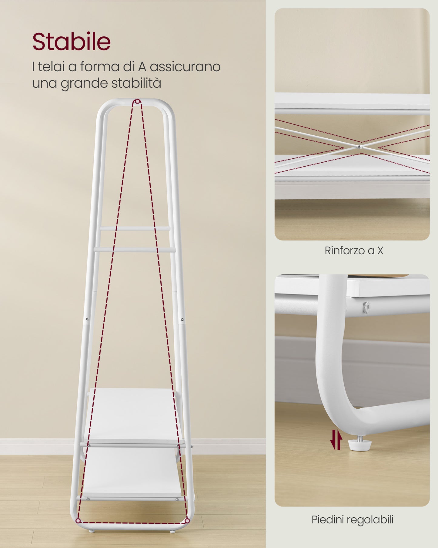 Stand Appendiabiti, Portata Fino a 190 kg, Appendiabiti da Terra, con 2 Ripiani, 6 Ganci, Bianco Nuvola e Bianco Opaco, VASAGLE, 5