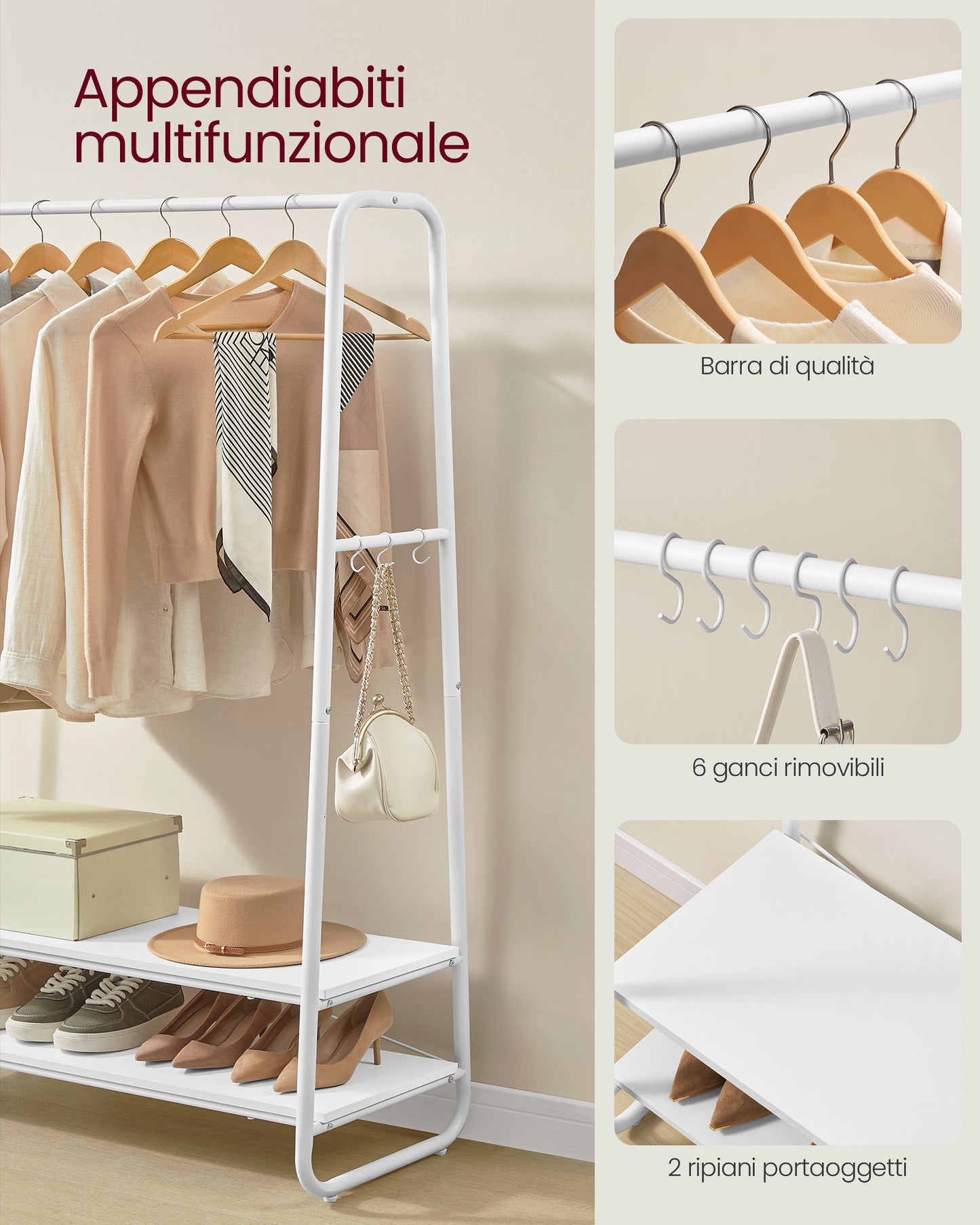 Stand Appendiabiti, Portata Fino a 190 kg, Appendiabiti da Terra, con 2 Ripiani, 6 Ganci, Bianco Nuvola e Bianco Opaco, VASAGLE, 6