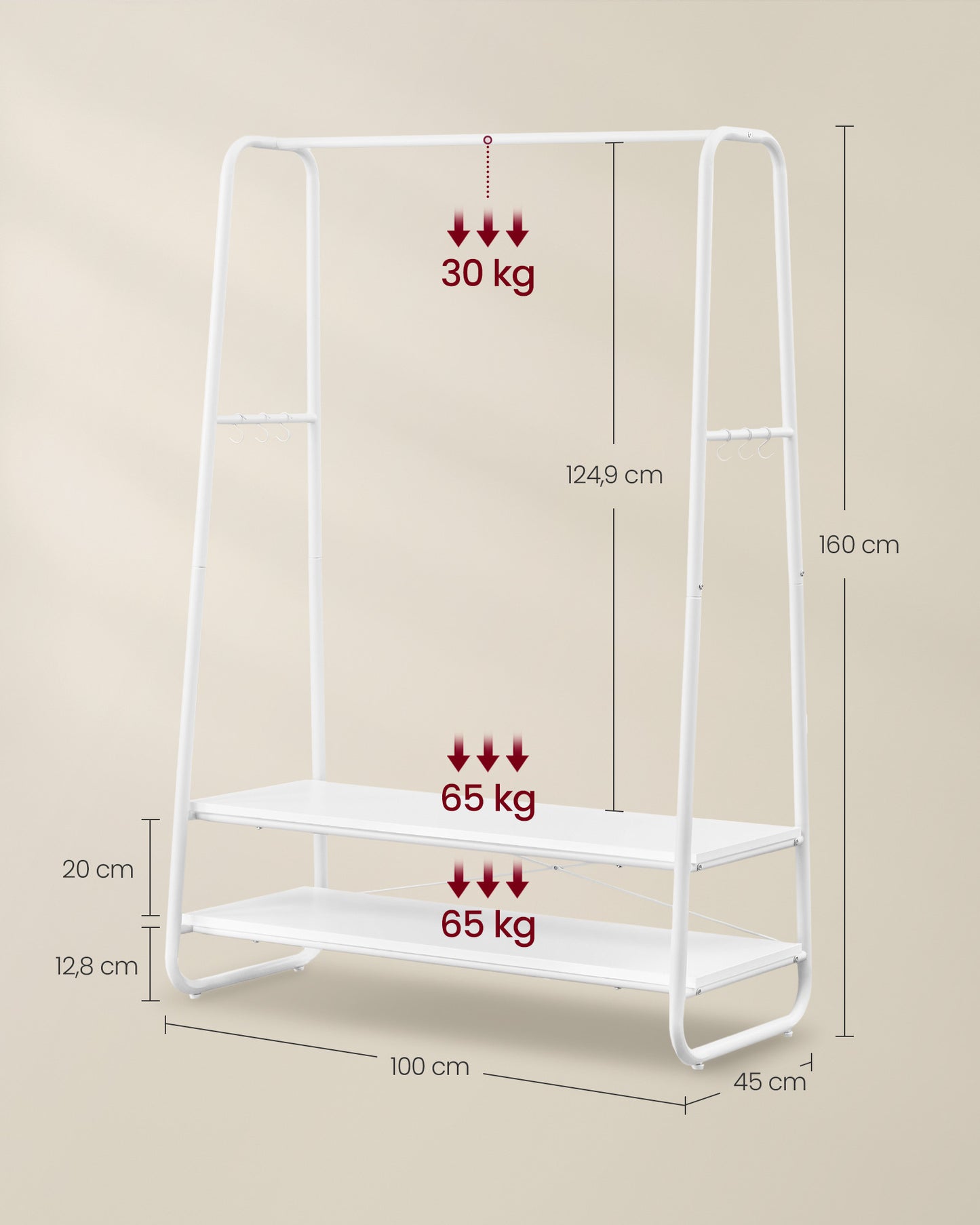 Stand Appendiabiti, Portata Fino a 190 kg, Appendiabiti da Terra, con 2 Ripiani, 6 Ganci, Bianco Nuvola e Bianco Opaco, VASAGLE, 7