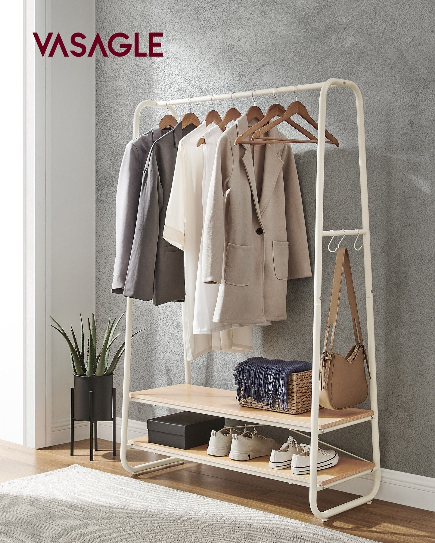 Stand Appendiabiti, Stabile e Robusto, Portata Fino a 190 kg, con 2 Ripiani, 6 Ganci, Rovere e Bianco Opaco, VASAGLE, 3