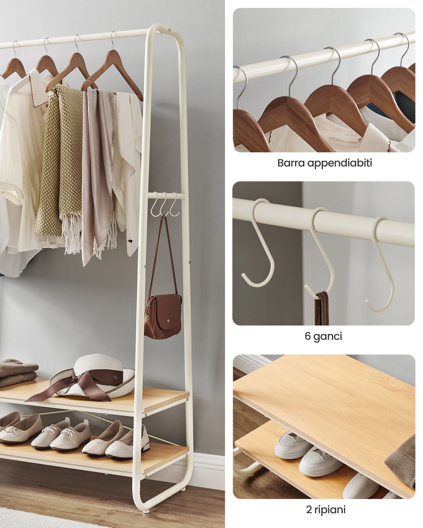 Stand Appendiabiti, Stabile e Robusto, Portata Fino a 190 kg, con 2 Ripiani, 6 Ganci, Rovere e Bianco Opaco, VASAGLE, 5