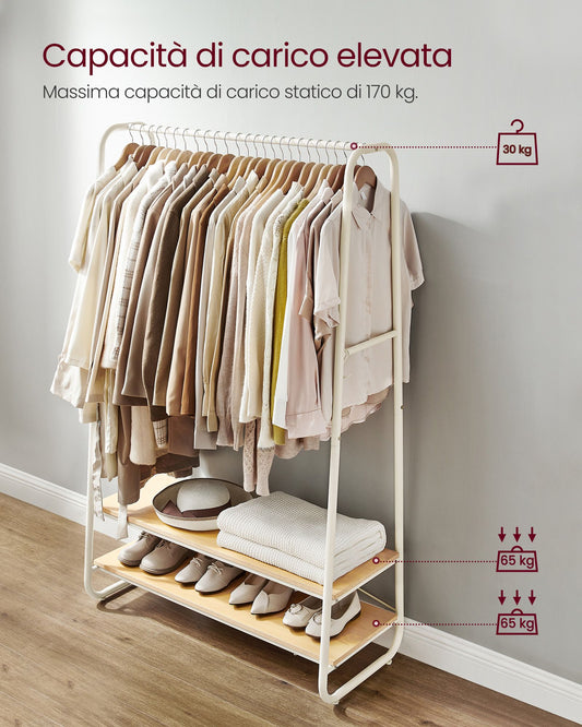 Stand Appendiabiti, Stabile e Robusto, Portata Fino a 190 kg, con 2 Ripiani, 6 Ganci, Rovere e Bianco Opaco, VASAGLE, 6