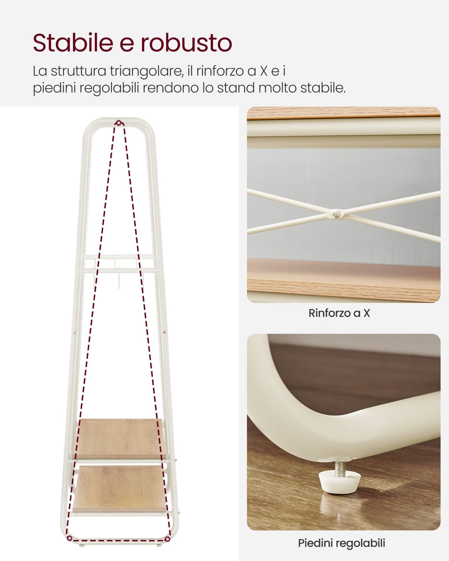 Stand Appendiabiti, Stabile e Robusto, Portata Fino a 190 kg, con 2 Ripiani, 6 Ganci, Rovere e Bianco Opaco, VASAGLE, 7