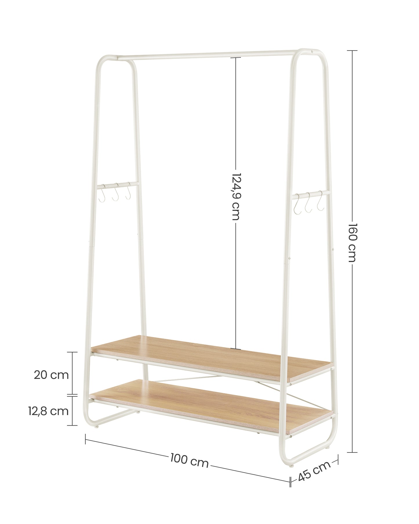 Stand Appendiabiti, Stabile e Robusto, Portata Fino a 190 kg, con 2 Ripiani, 6 Ganci, Rovere e Bianco Opaco, VASAGLE, 8