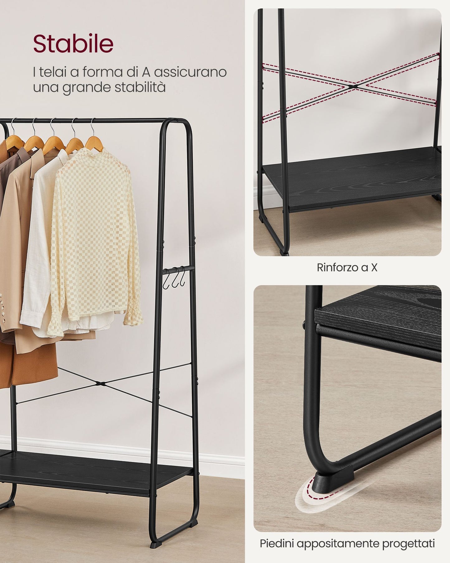 Stand Appendiabiti, Appendiabiti da Terra, con Scarpiera, 5 Ripiani Portaoggetti, 6 Ganci, Portata 220kg, Nero, VASAGLE, 4