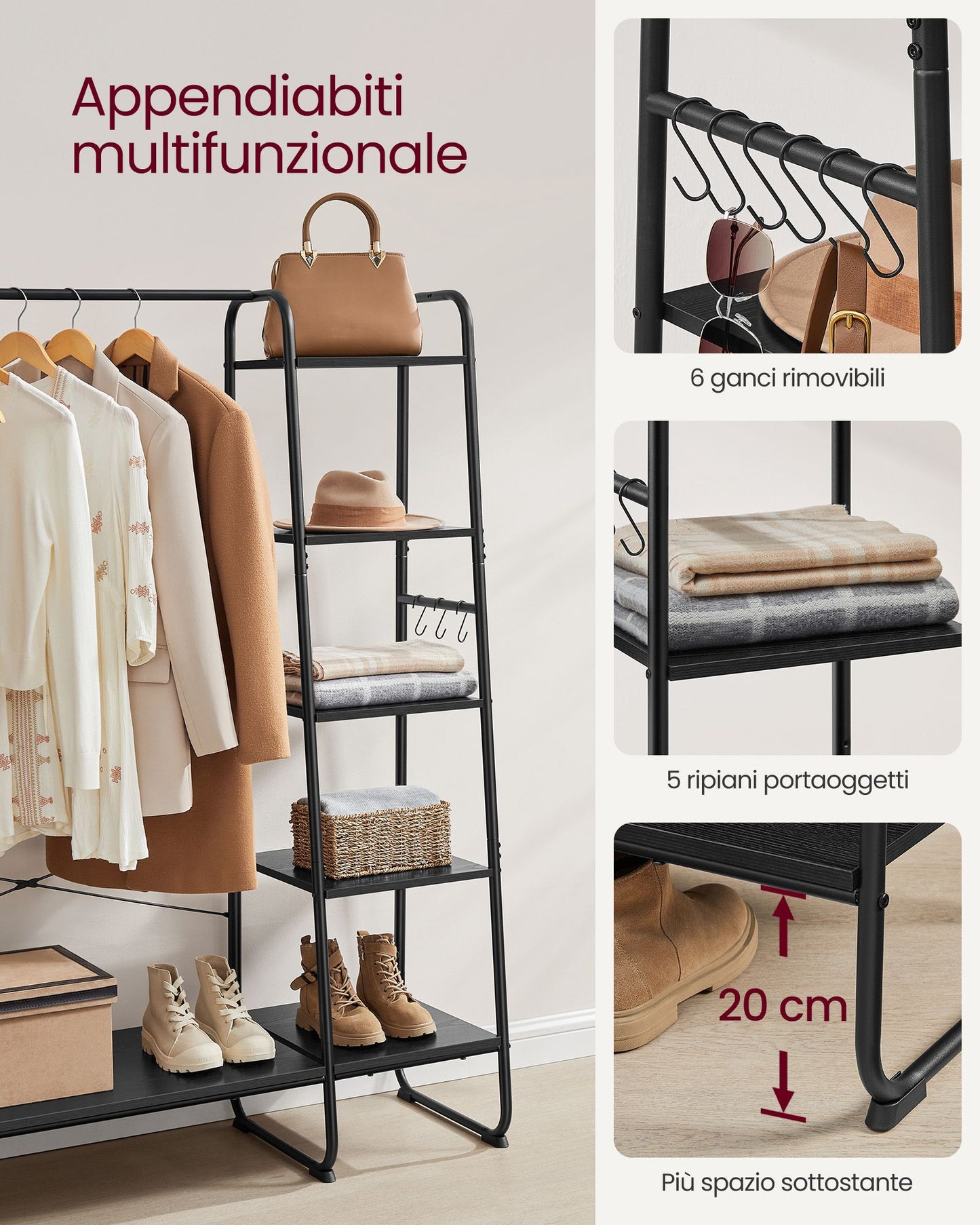 Stand Appendiabiti, Appendiabiti da Terra, con Scarpiera, 5 Ripiani Portaoggetti, 6 Ganci, Portata 220kg, Nero, VASAGLE, 5