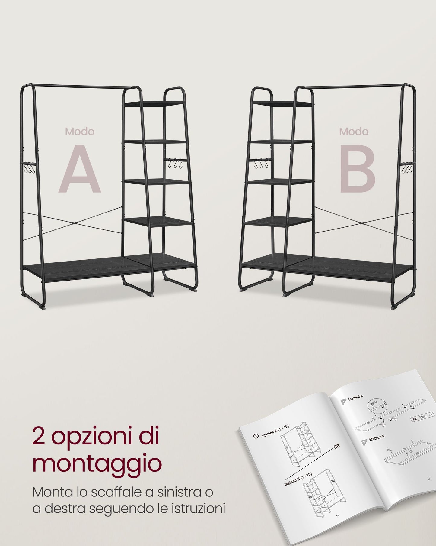 Stand Appendiabiti, Appendiabiti da Terra, con Scarpiera, 5 Ripiani Portaoggetti, 6 Ganci, Portata 220kg, Nero, VASAGLE, 6