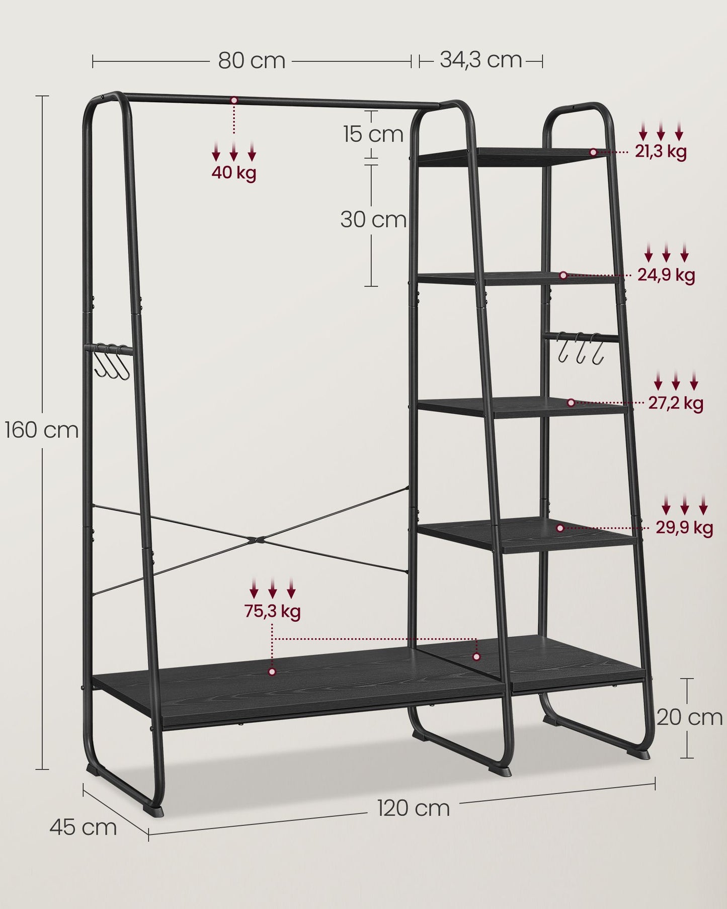 Stand Appendiabiti, Appendiabiti da Terra, con Scarpiera, 5 Ripiani Portaoggetti, 6 Ganci, Portata 220kg, Nero, VASAGLE, 7