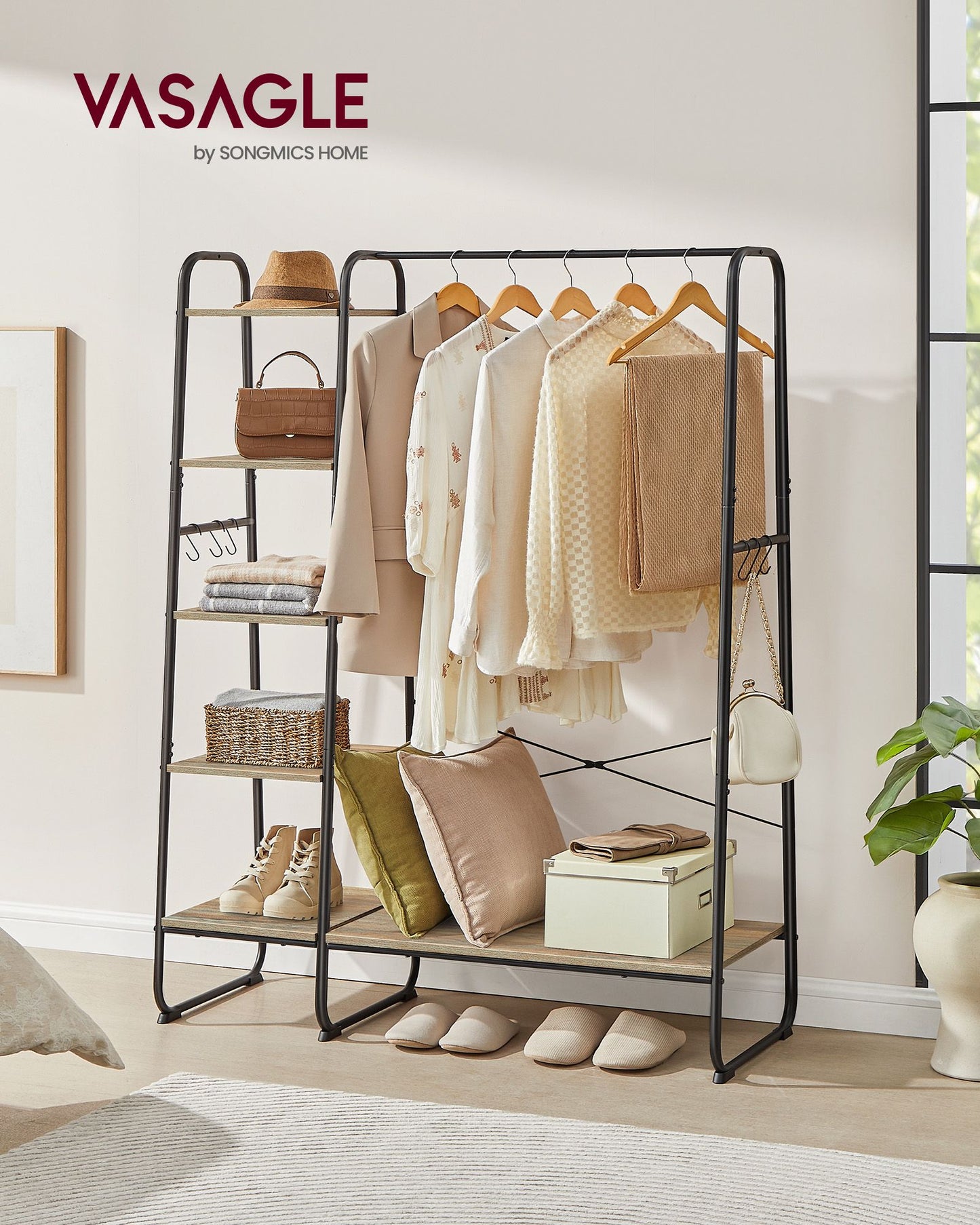 Stand Appendiabiti, Appendiabiti da Terra, con Scarpiera, 5 Ripiani, 6 Ganci, Portata 220kg, Turchese Marrone e nero, VASAGLE, 3