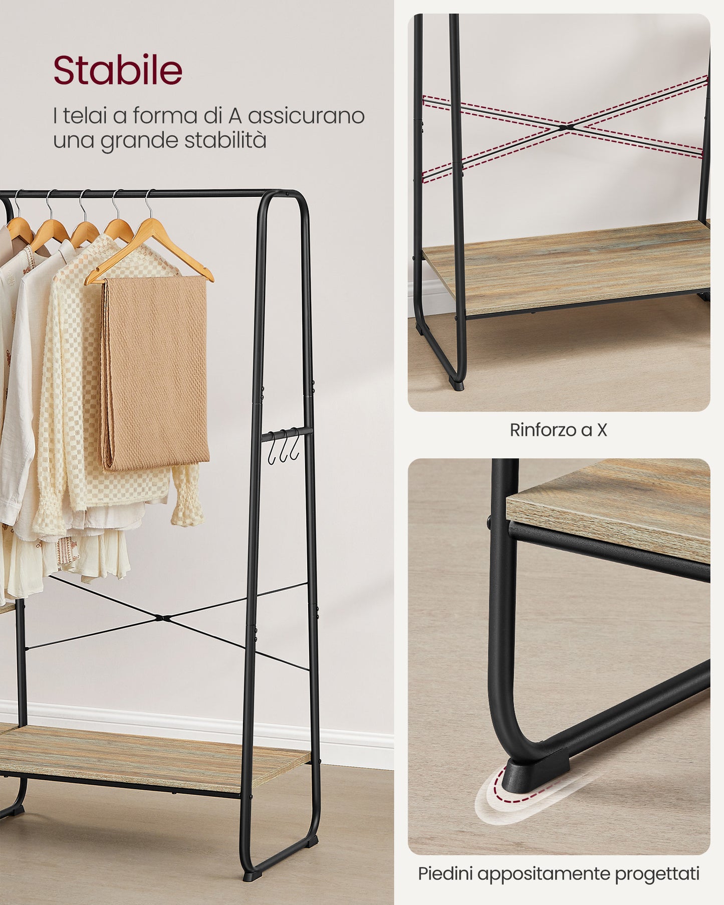 Stand Appendiabiti, Appendiabiti da Terra, con Scarpiera, 5 Ripiani, 6 Ganci, Portata 220kg, Turchese Marrone e nero, VASAGLE, 4