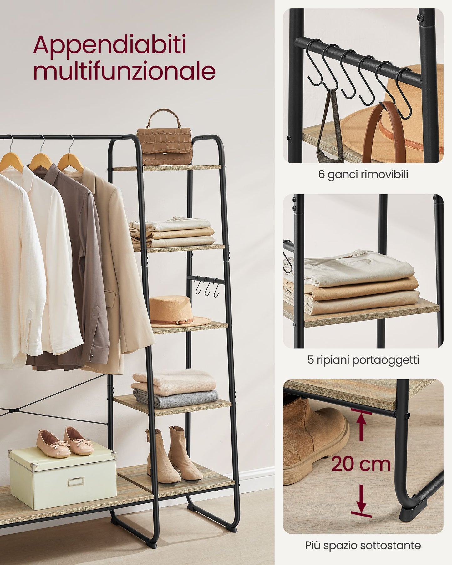 Stand Appendiabiti, Appendiabiti da Terra, con Scarpiera, 5 Ripiani, 6 Ganci, Portata 220kg, Turchese Marrone e nero, VASAGLE, 5
