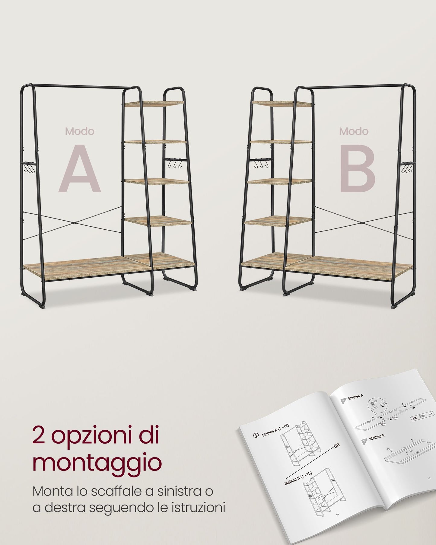 Stand Appendiabiti, Appendiabiti da Terra, con Scarpiera, 5 Ripiani, 6 Ganci, Portata 220kg, Turchese Marrone e nero, VASAGLE, 6