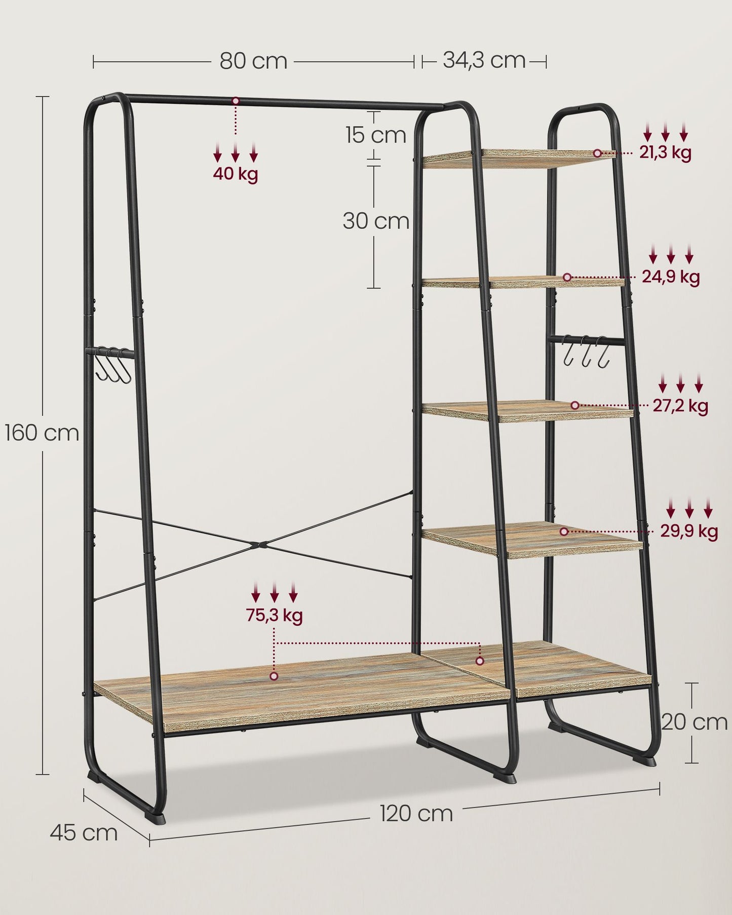 Stand Appendiabiti, Appendiabiti da Terra, con Scarpiera, 5 Ripiani, 6 Ganci, Portata 220kg, Turchese Marrone e nero, VASAGLE, 7