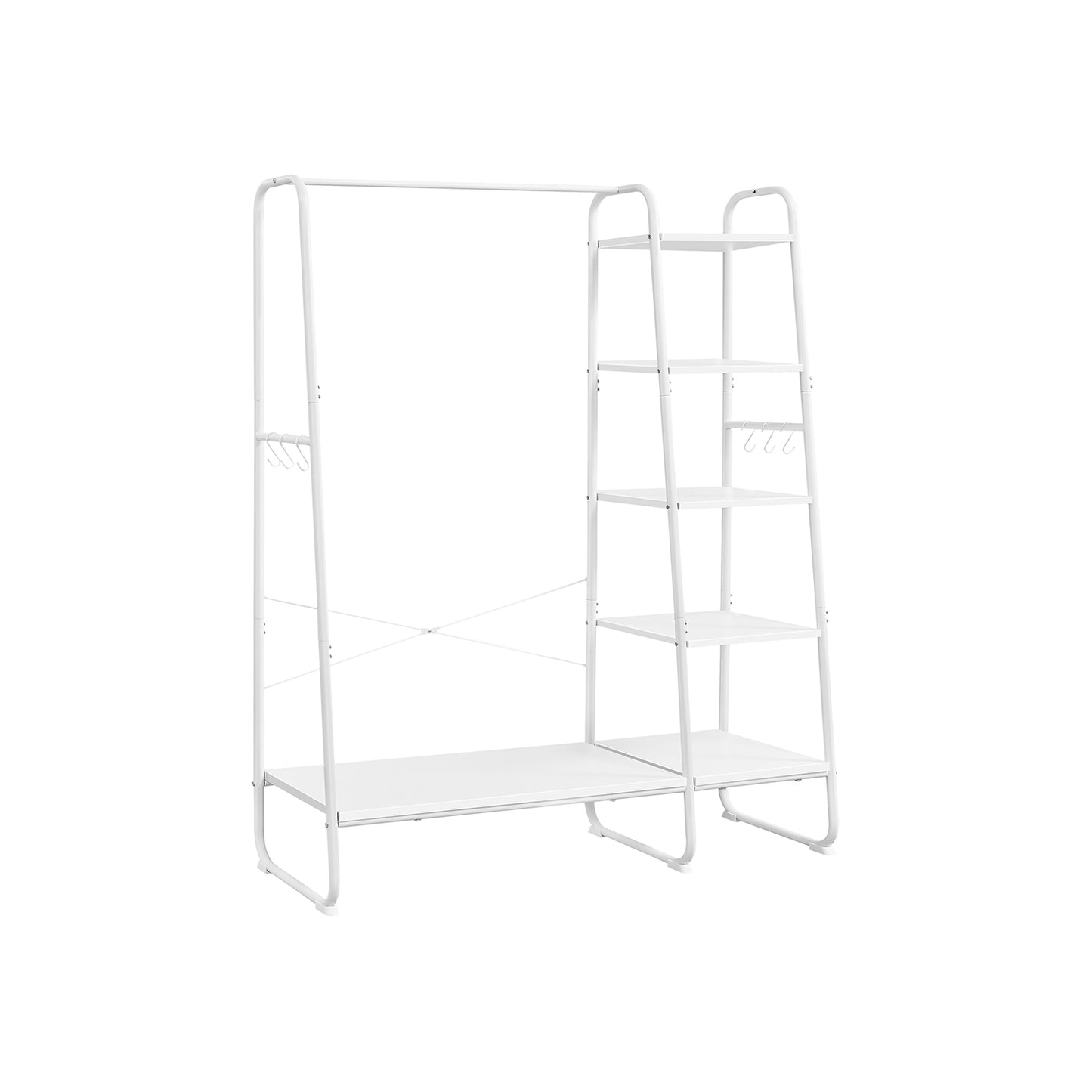 Stand Appendiabiti, Appendiabiti da Terra, con Scarpiera, 5 Ripiani Portaoggetti, 6 Ganci, Portata 220kg, Bianco, VASAGLE, 2