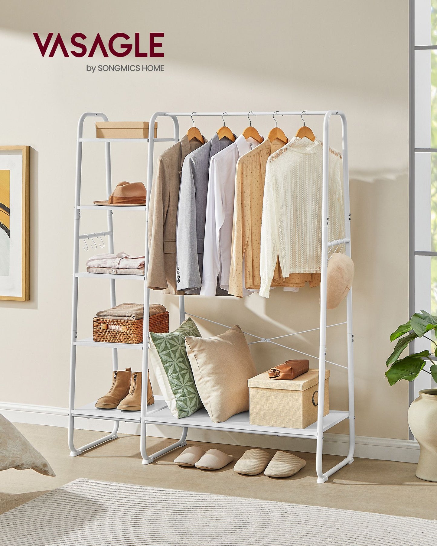Stand Appendiabiti, Appendiabiti da Terra, con Scarpiera, 5 Ripiani Portaoggetti, 6 Ganci, Portata 220kg, Bianco, VASAGLE, 3