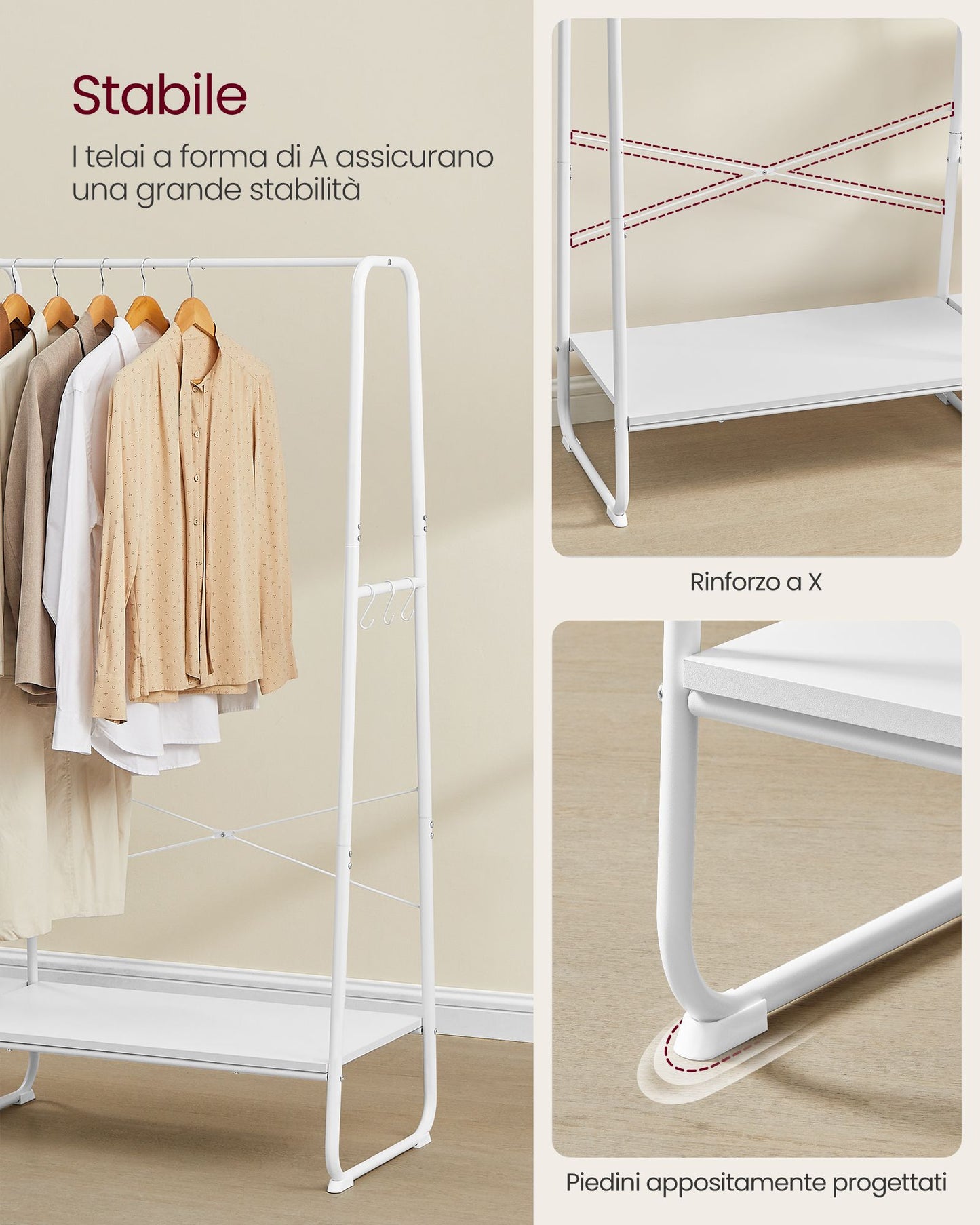 Stand Appendiabiti, Appendiabiti da Terra, con Scarpiera, 5 Ripiani Portaoggetti, 6 Ganci, Portata 220kg, Bianco, VASAGLE, 4