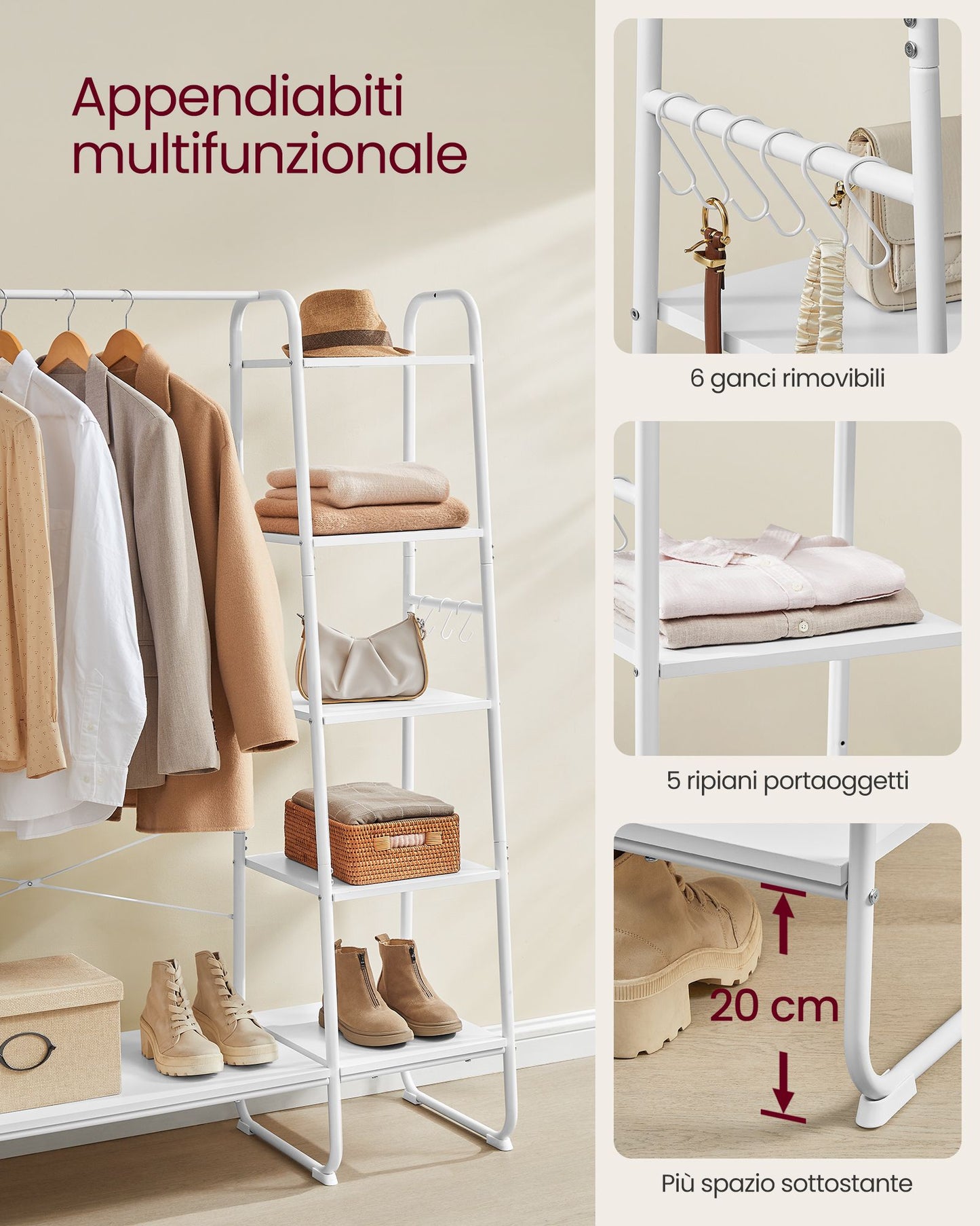 Stand Appendiabiti, Appendiabiti da Terra, con Scarpiera, 5 Ripiani Portaoggetti, 6 Ganci, Portata 220kg, Bianco, VASAGLE, 5