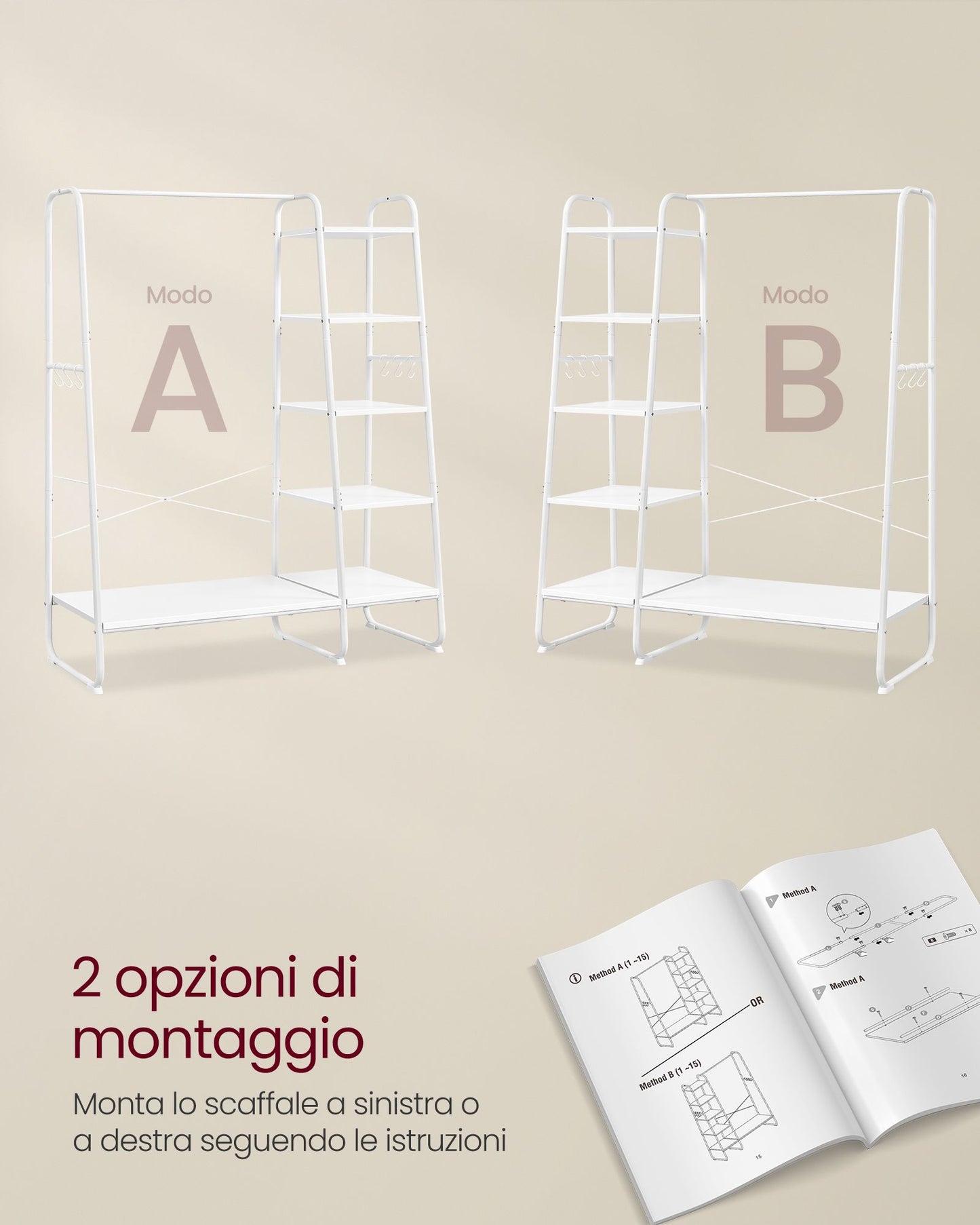 Stand Appendiabiti, Appendiabiti da Terra, con Scarpiera, 5 Ripiani Portaoggetti, 6 Ganci, Portata 220kg, Bianco, VASAGLE, 6