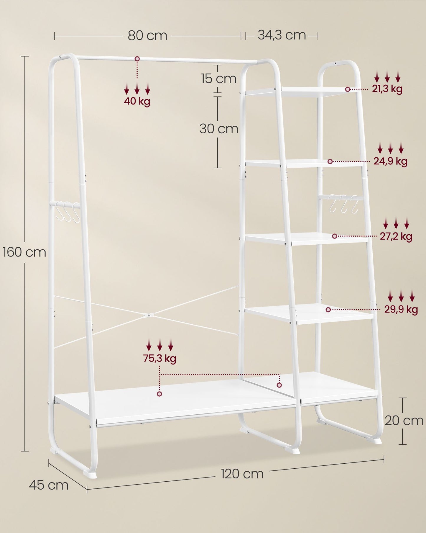 Stand Appendiabiti, Appendiabiti da Terra, con Scarpiera, 5 Ripiani Portaoggetti, 6 Ganci, Portata 220kg, Bianco, VASAGLE, 7