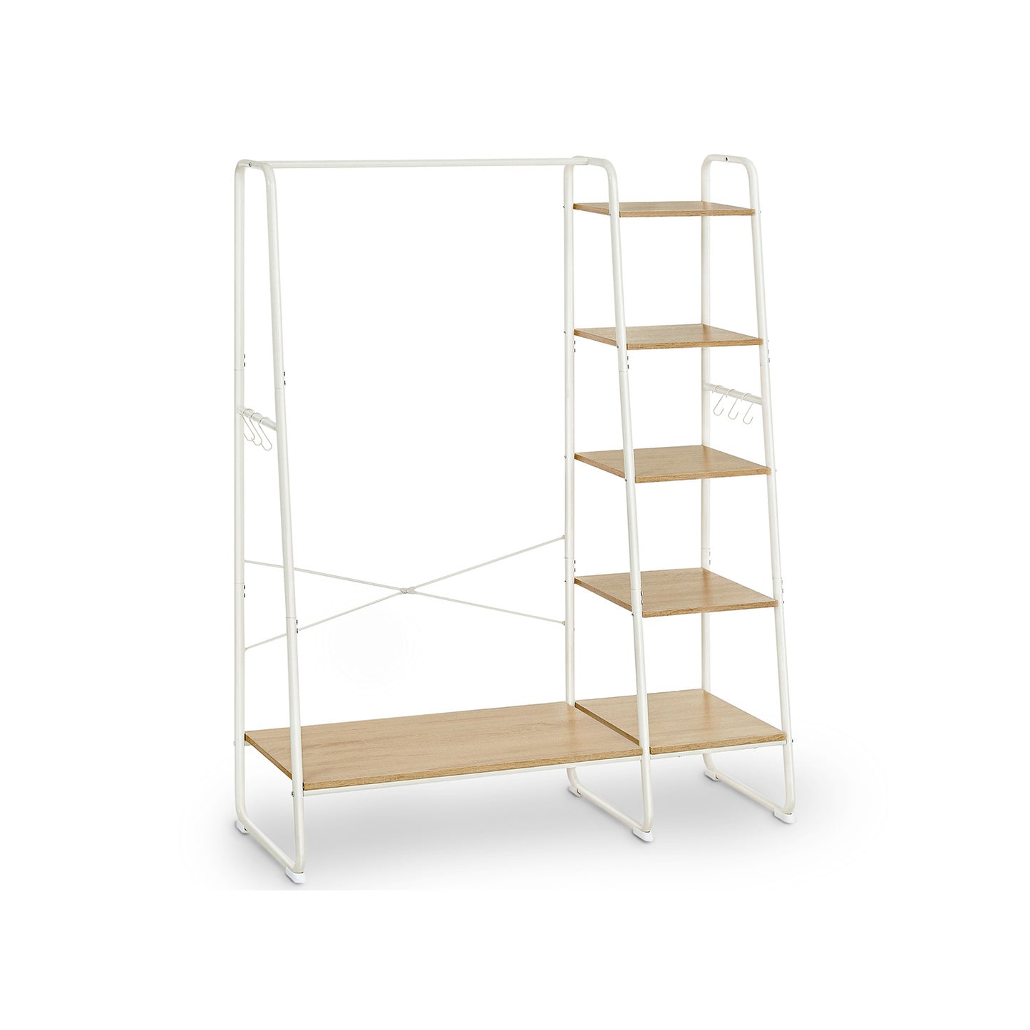 Stand Appendiabiti, Appendiabiti da Terra, con Scarpiera, 5 Ripiani Portaoggetti, 6 Ganci, Portata 220kg, Rovere e Bianco, VASAGLE, 2