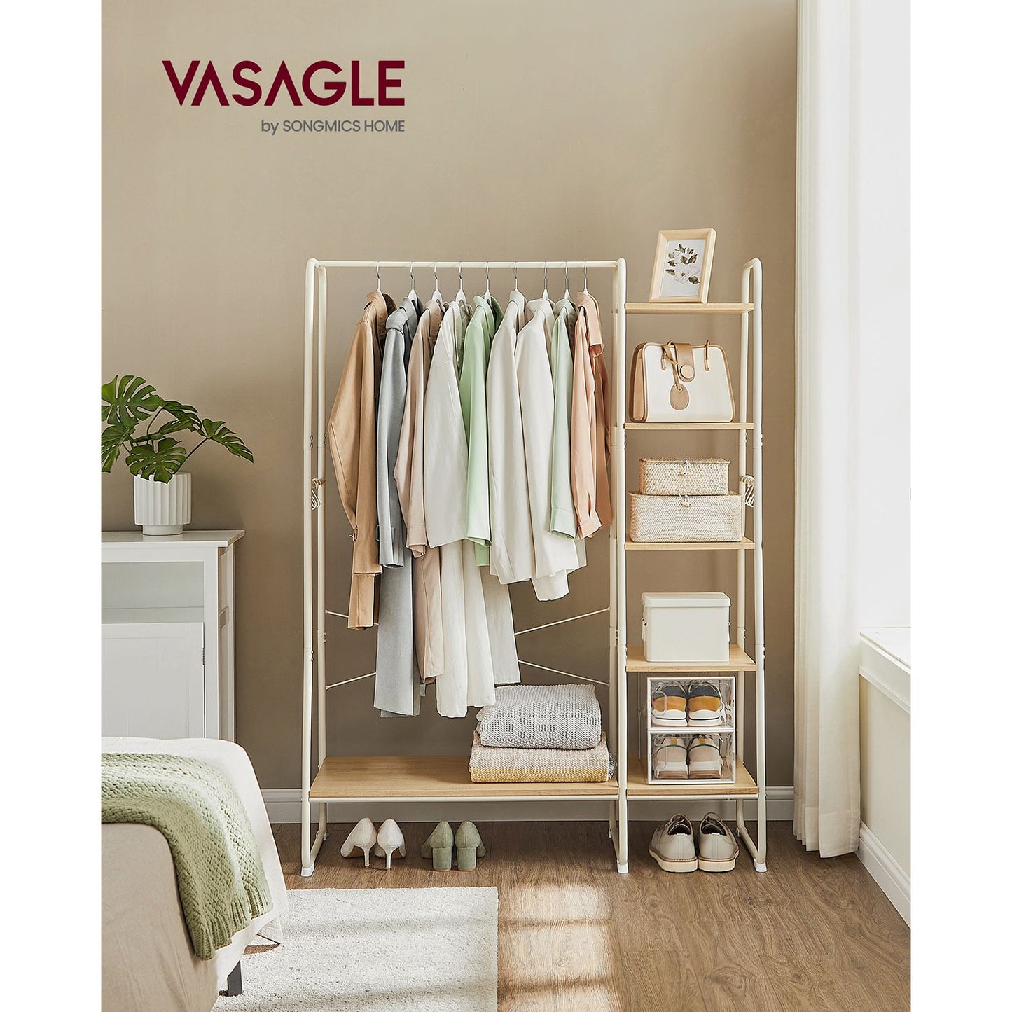 Stand Appendiabiti, Appendiabiti da Terra, con Scarpiera, 5 Ripiani Portaoggetti, 6 Ganci, Portata 220kg, Rovere e Bianco, VASAGLE, 3