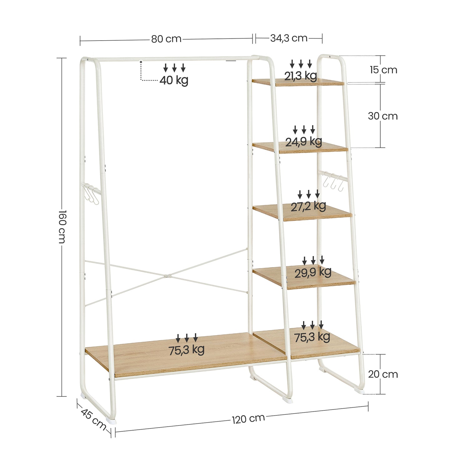 Stand Appendiabiti, Appendiabiti da Terra, con Scarpiera, 5 Ripiani Portaoggetti, 6 Ganci, Portata 220kg, Rovere e Bianco, VASAGLE, 5