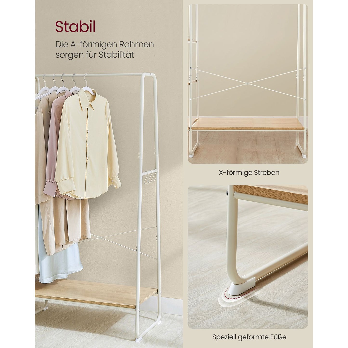 Stand Appendiabiti, Appendiabiti da Terra, con Scarpiera, 5 Ripiani Portaoggetti, 6 Ganci, Portata 220kg, Rovere e Bianco, VASAGLE, 6