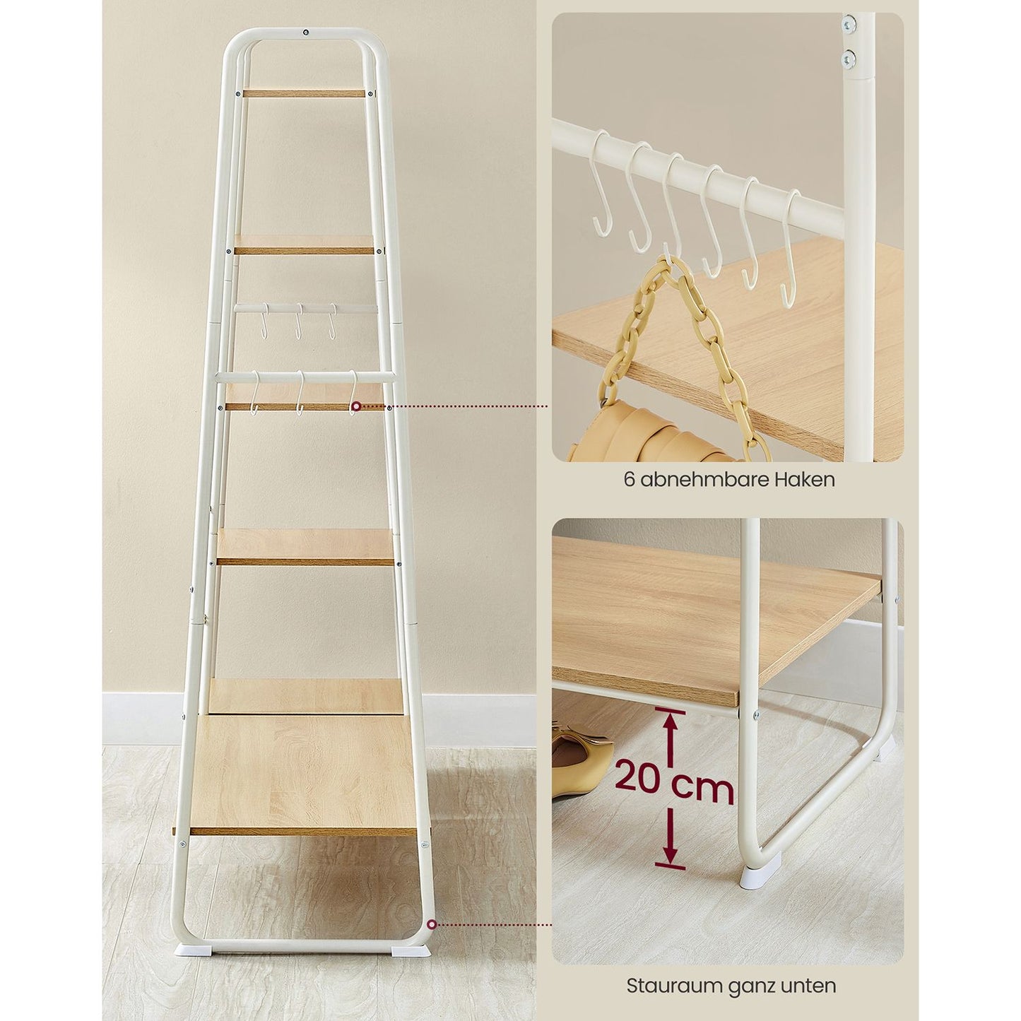 Stand Appendiabiti, Appendiabiti da Terra, con Scarpiera, 5 Ripiani Portaoggetti, 6 Ganci, Portata 220kg, Rovere e Bianco, VASAGLE, 7