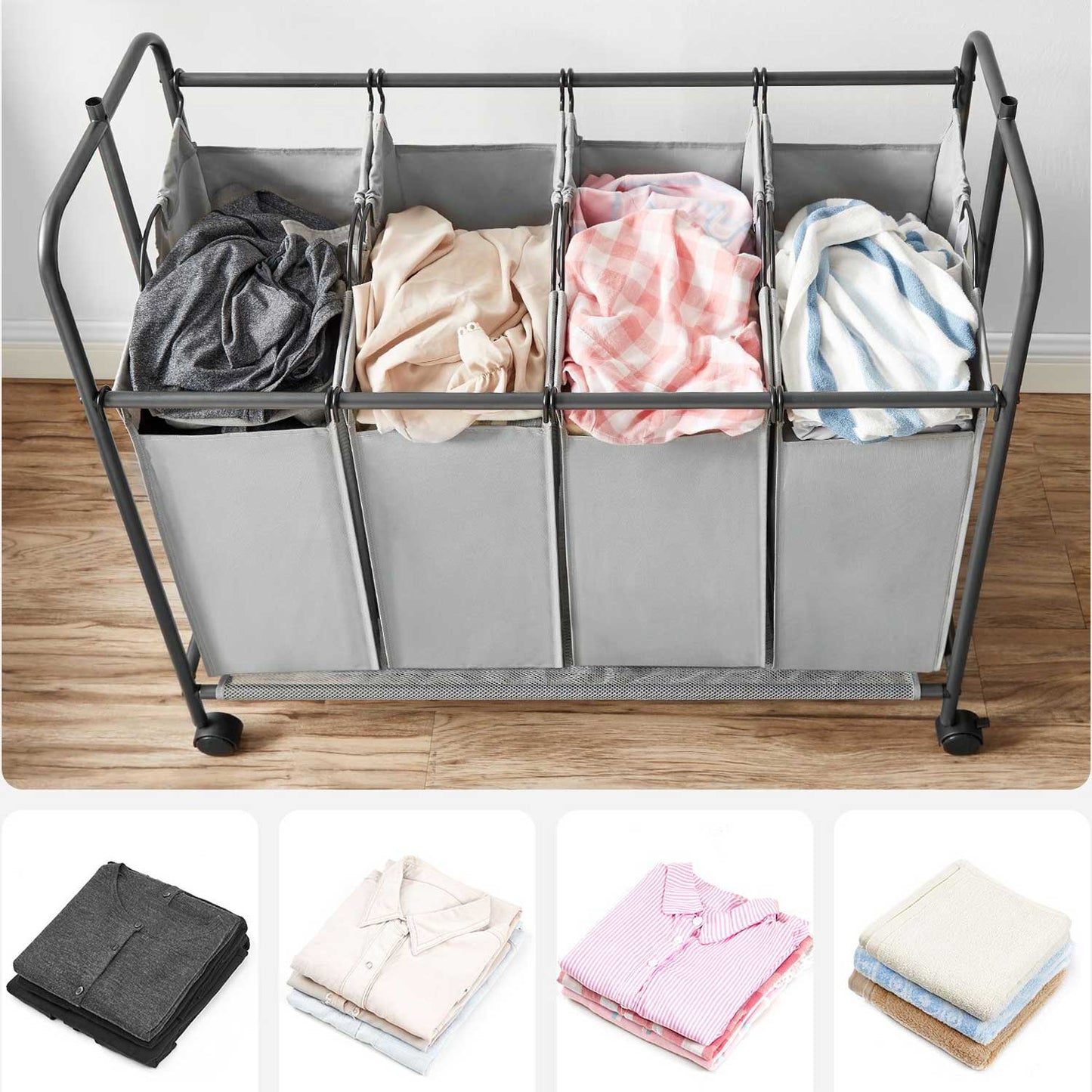 Songmics, Porta biancheria, Carrello Portabiancheria, 4 Scomparti, Cesto portabiancheria, asta appendiabiti, ruote con freno