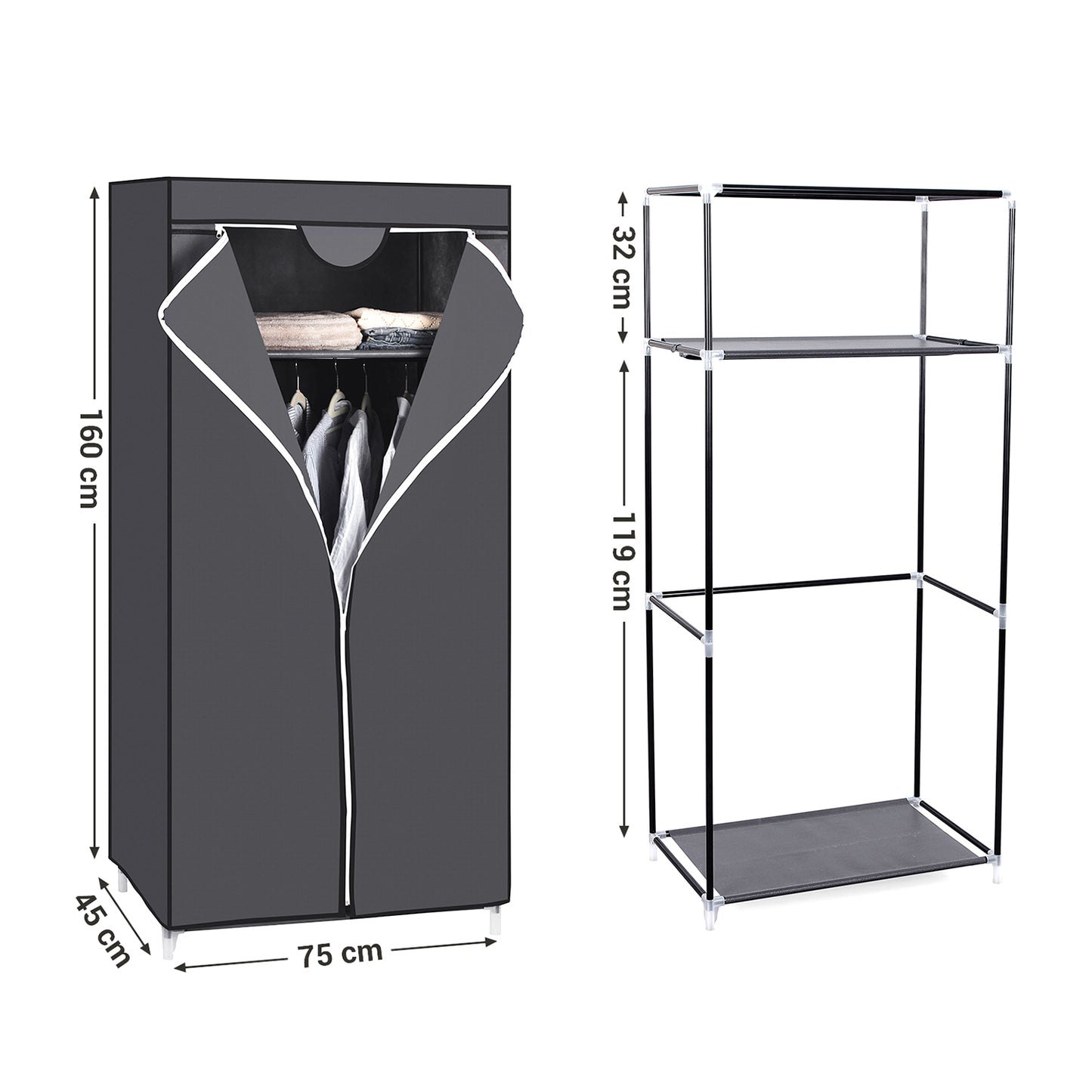 Armadio in Tessuto, Armadio portatile, Armadio pieghevole con asta di sospensione, Grigio, SONGMICS, 10