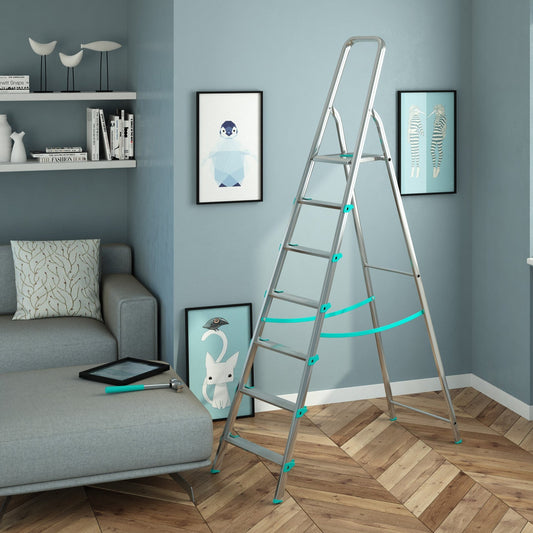 Scala a pioli, 7 gradini, Scaletta Domestica Pieghevole, Altezza 152cm, Portata 150kg, Scaletta alluminio, Colombo LIBELLULA , 2