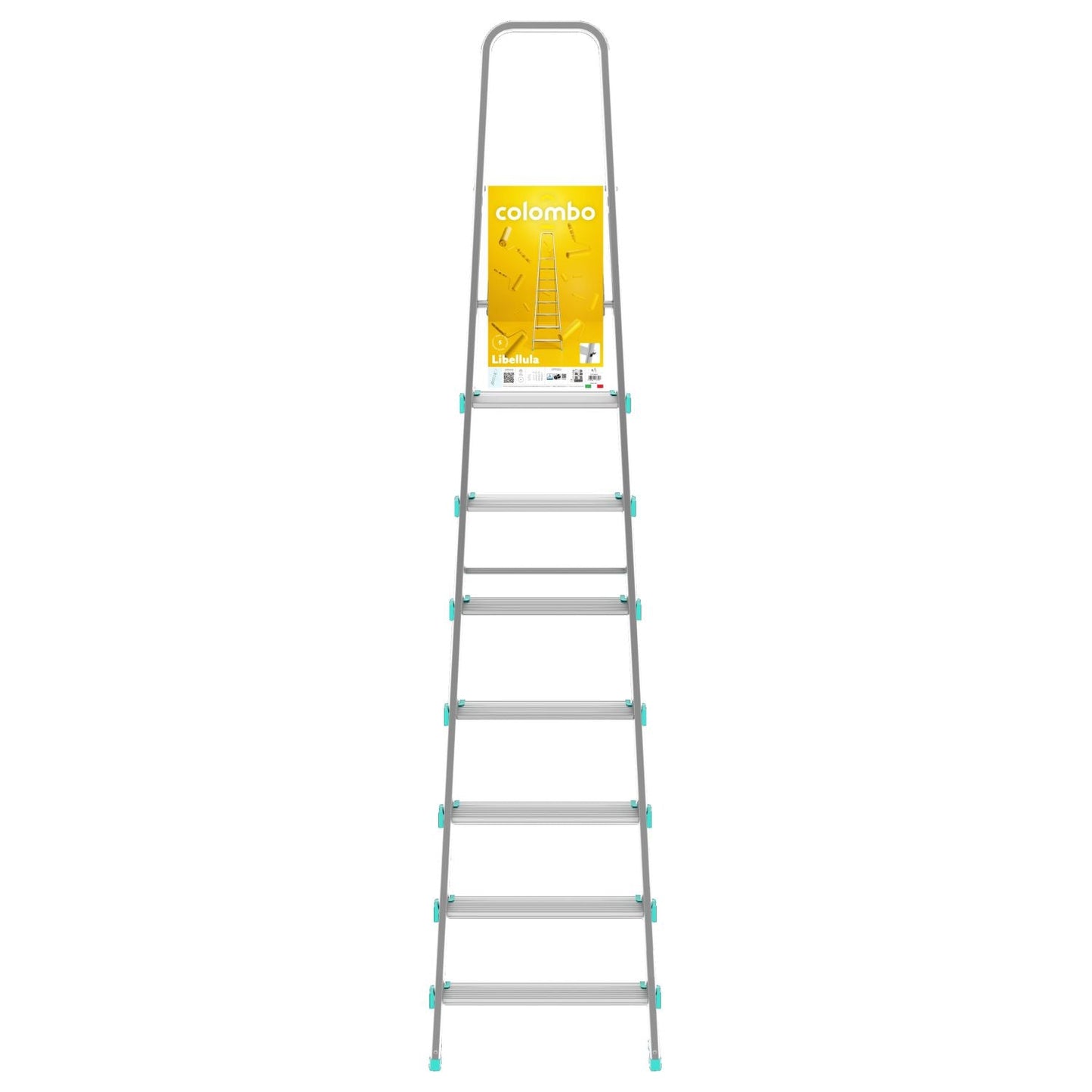 Scala a pioli, 8 gradini, Scaletta Domestica Pieghevole, Altezza 174cm, Portata 150kg, Scaletta alluminio, Colombo LIBELLULA , 4